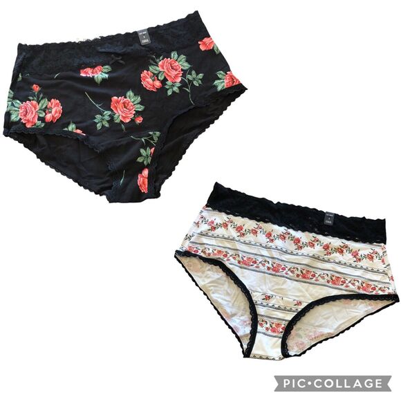 Torrid Brief Panties 2X Curve Cotton Mid-Rise Black White Roses Lace Trim Lot - Picture 2 of 16